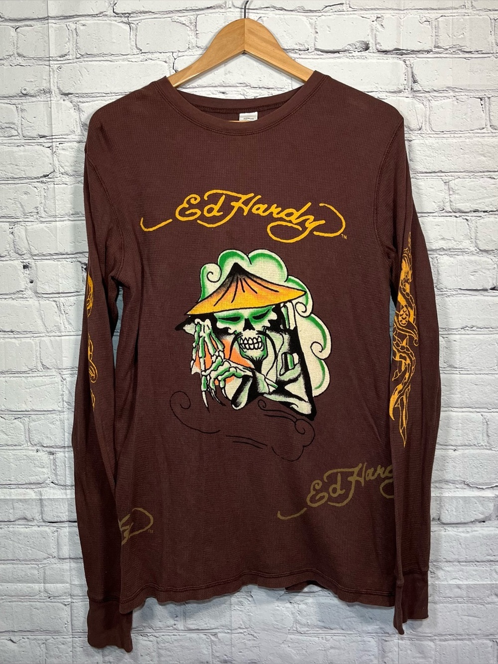 Vintage Ed Hardy Japanese Skull Thermal Shirt Mens Size Medium Brown Y2K